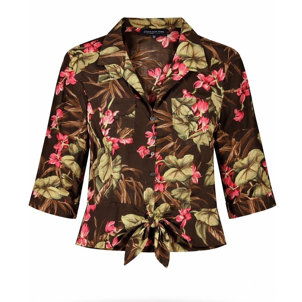 Jones New York Signature Petite Brown Tropical Floral Tie Front Y2K Top PM